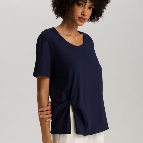 Natural Shirt Cotton Scoop Neck Top With Knot Detail | Deep Navy 78402-1610